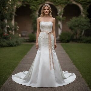 DaVinci Wedding Dress 10 Champaign Gold Satin Sash Beaded Strapless Train NWT
